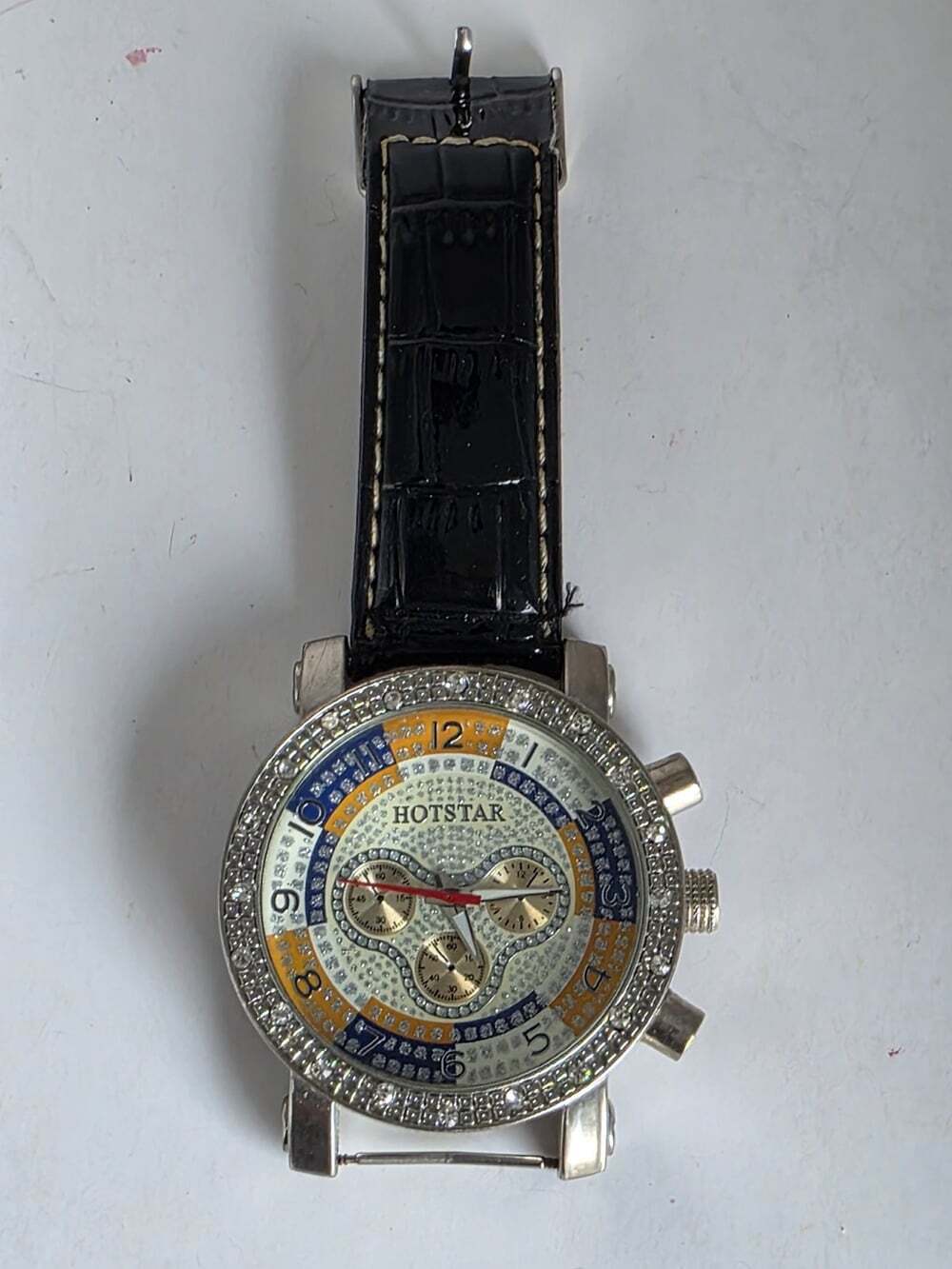 HOTSTAR Men's Bling Chronograph Style Watch Faux Leather Strap Rhinestone Bezel